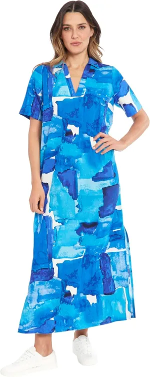 London Times Women's Linen Maxi, Collared V-Neck and Slits | Versatile Summer and Casual Dresses