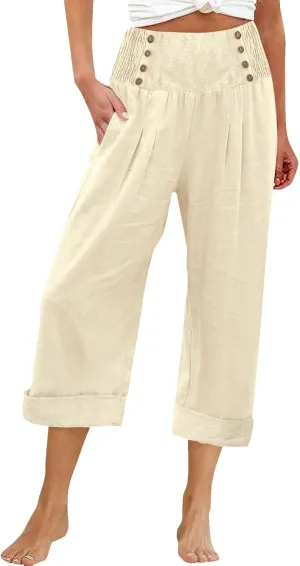 Long Linen Pants for Women Tall Solid Color Button Loose Casual Pants Tailored Linen Pants for Women