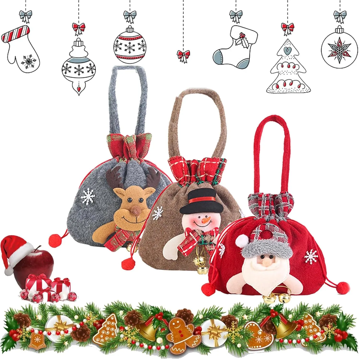 LONGLUAN Christmas Gift Doll Bags, small christmas gift bags, Christmas Knitted Doll Gift Bags, Santa Snowman Deer Doll Storage Bag, Christmas Decoration Apple Bag, christmas gift bags (3pcs)
