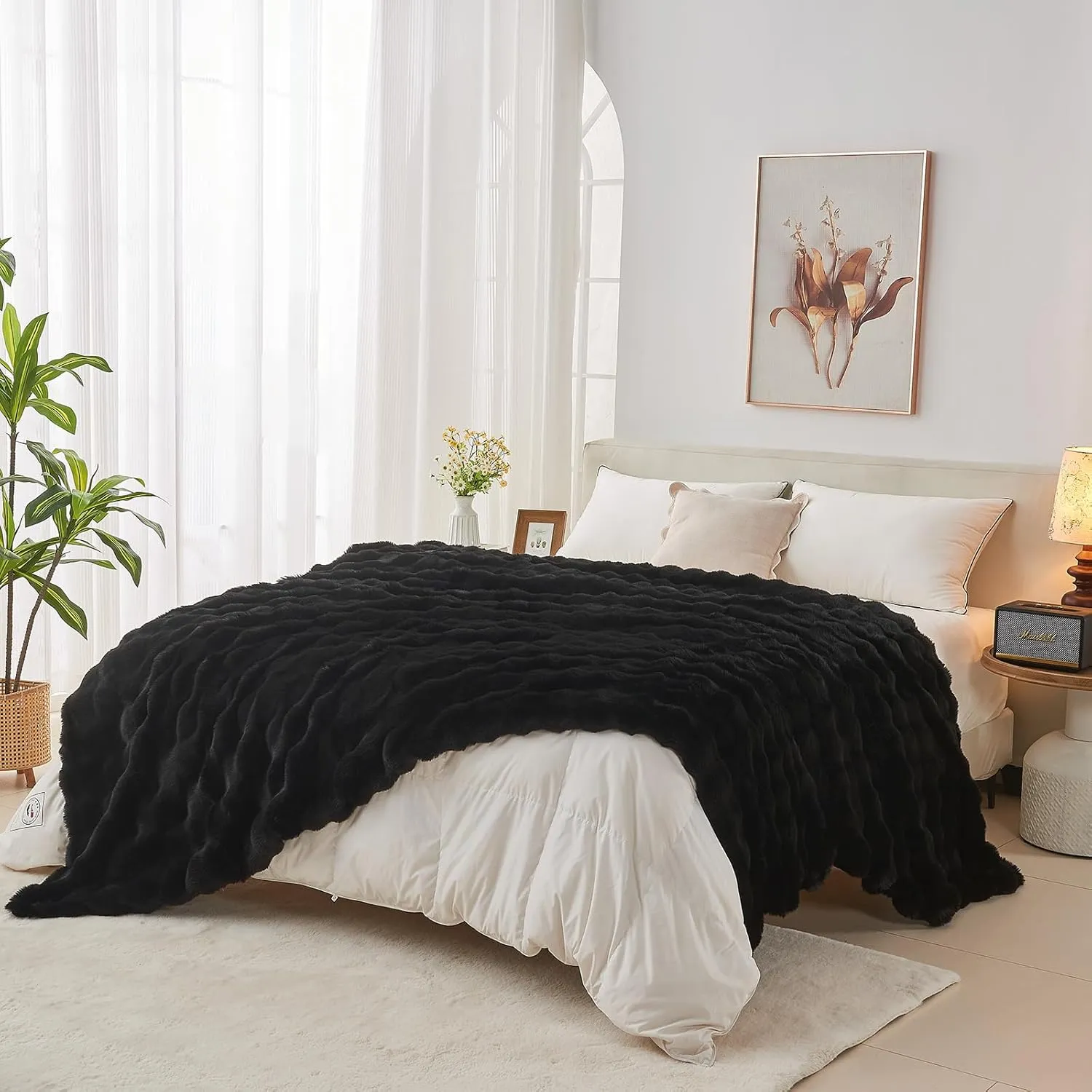 Lotus Karen Queen Size Faux Fur Blanket - Big Bubble Rabbit Fluff, 90x90 Inches