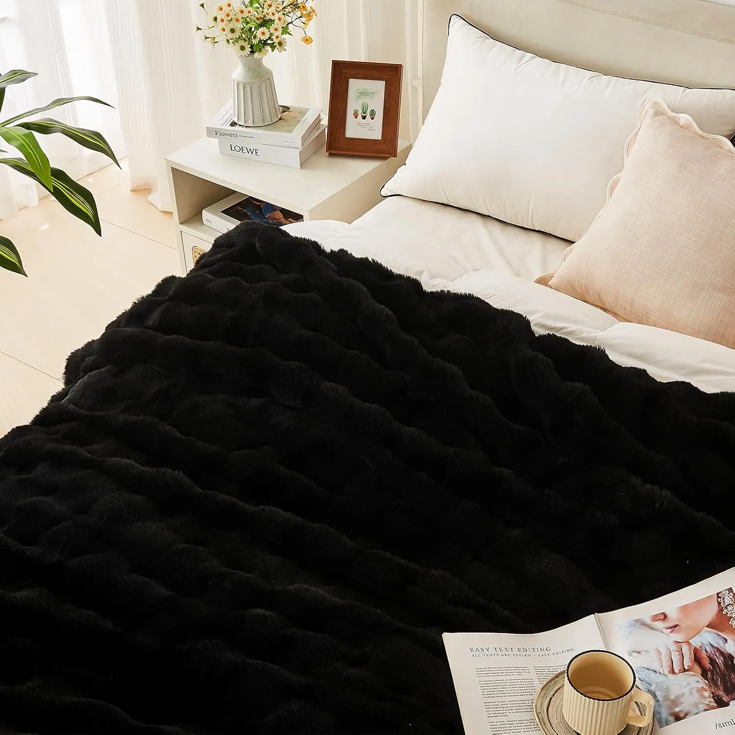 Lotus Karen Queen Size Faux Fur Blanket - Big Bubble Rabbit Fluff, 90x90 Inches