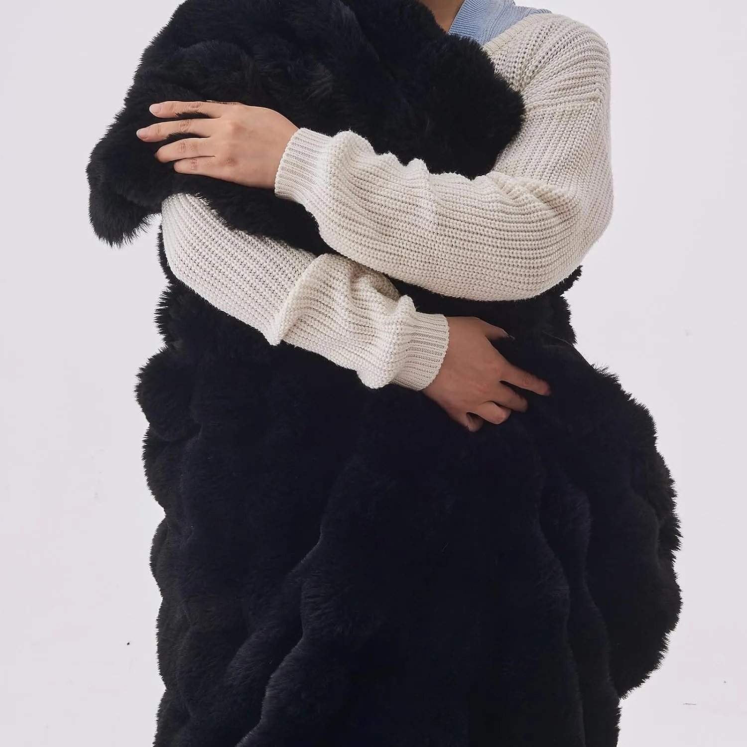 Lotus Karen Queen Size Faux Fur Blanket - Big Bubble Rabbit Fluff, 90x90 Inches