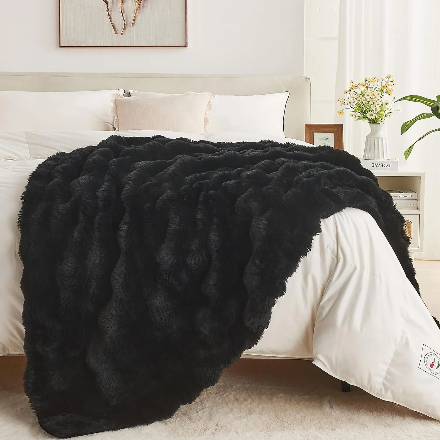 Lotus Karen Queen Size Faux Fur Blanket - Big Bubble Rabbit Fluff, 90x90 Inches