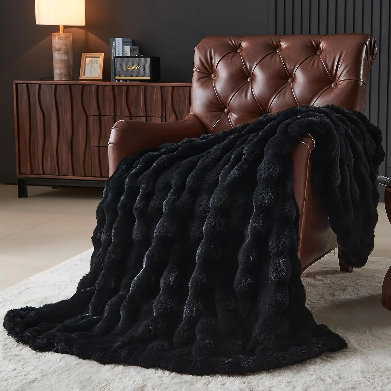 Lotus Karen Queen Size Faux Fur Blanket - Big Bubble Rabbit Fluff, 90x90 Inches