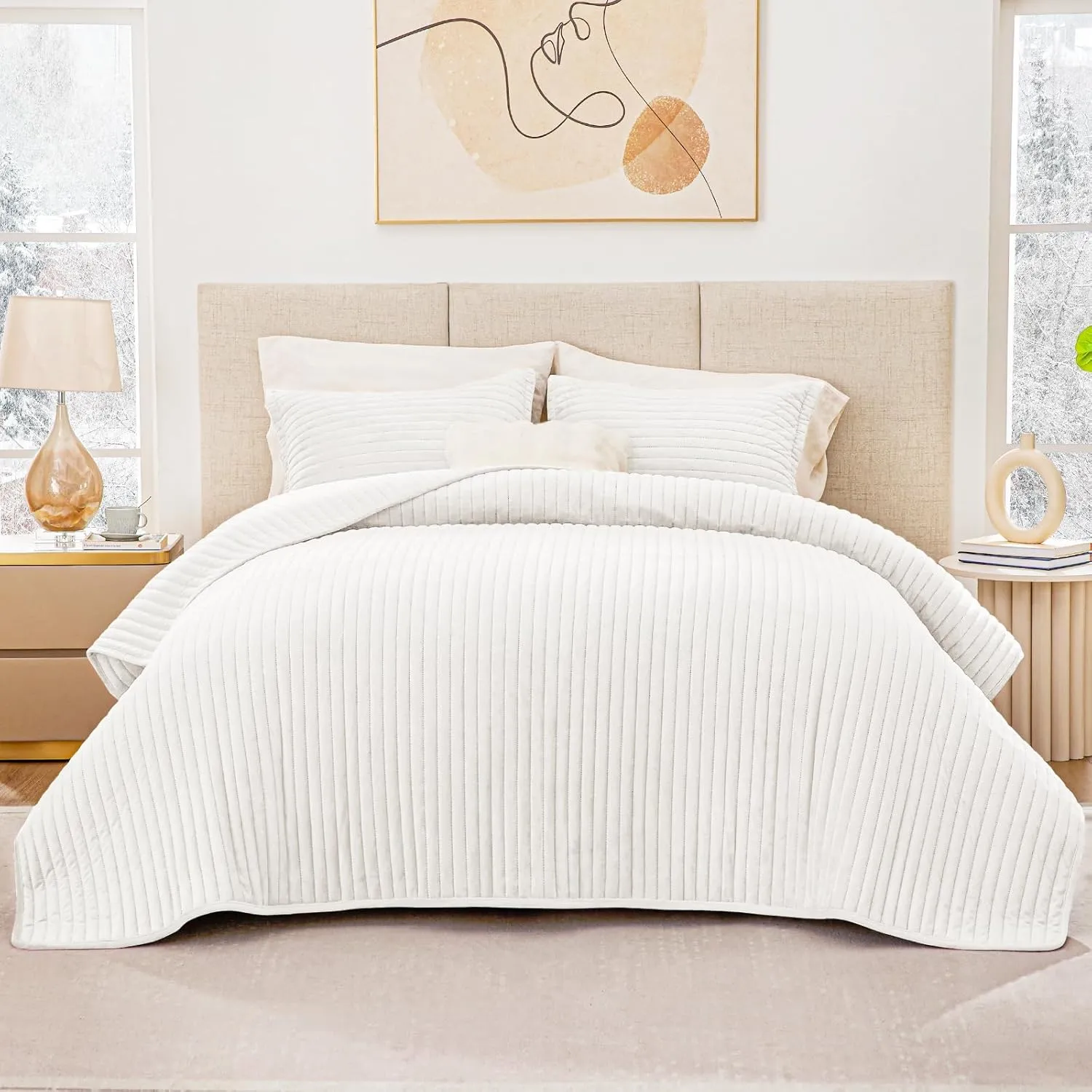 Love's cabin Velvet King Size Quilt Bedding Set Bedspreads - Luxury Velvet Quilt Lightweight Bedspread - Striped Pattern Comforter Coverlet for All Season - White, 3 Piece (1 Quilt, 2 Pillow Shams)