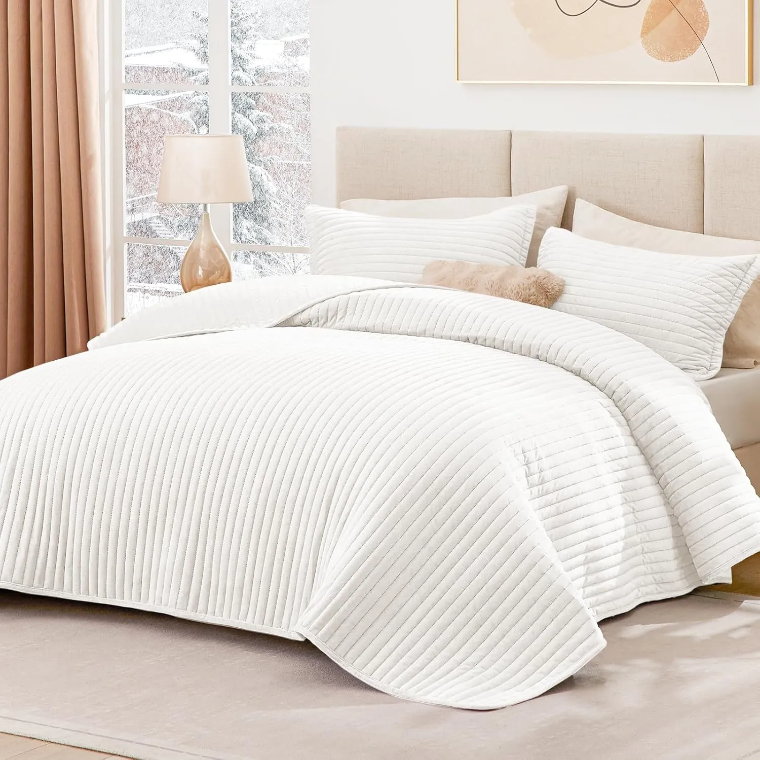 Love's cabin Velvet King Size Quilt Bedding Set Bedspreads - Luxury Velvet Quilt Lightweight Bedspread - Striped Pattern Comforter Coverlet for All Season - White, 3 Piece (1 Quilt, 2 Pillow Shams)