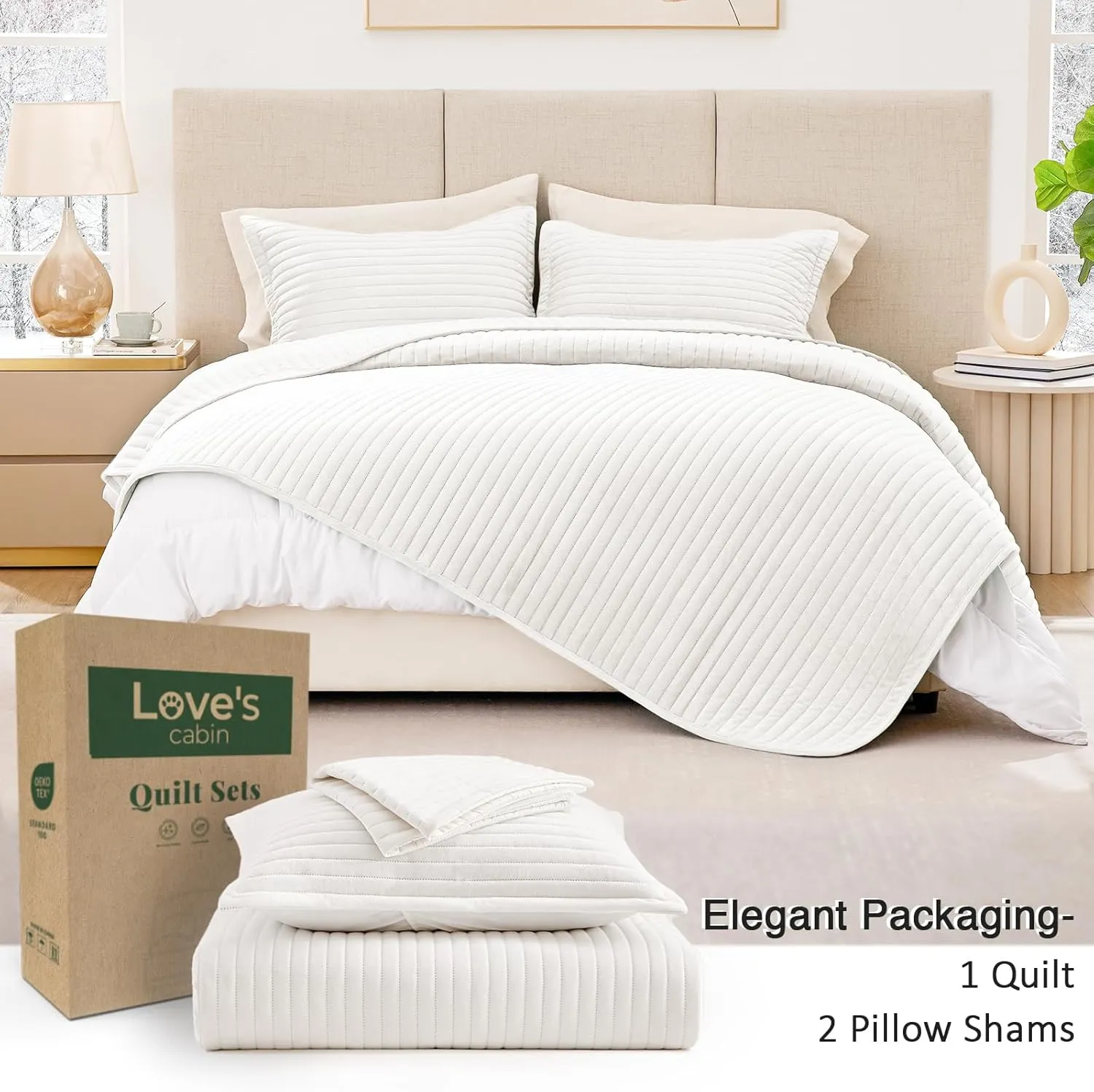 Love's cabin Velvet King Size Quilt Bedding Set Bedspreads - Luxury Velvet Quilt Lightweight Bedspread - Striped Pattern Comforter Coverlet for All Season - White, 3 Piece (1 Quilt, 2 Pillow Shams)