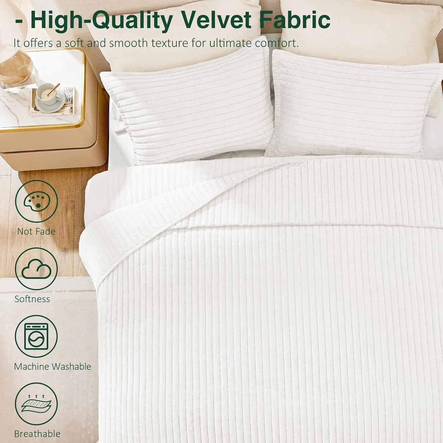 Love's cabin Velvet King Size Quilt Bedding Set Bedspreads - Luxury Velvet Quilt Lightweight Bedspread - Striped Pattern Comforter Coverlet for All Season - White, 3 Piece (1 Quilt, 2 Pillow Shams)