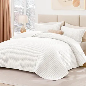 Love's cabin Velvet King Size Quilt Bedding Set Bedspreads - Luxury Velvet Quilt Lightweight Bedspread - Striped Pattern Comforter Coverlet for All Season - White, 3 Piece (1 Quilt, 2 Pillow Shams)