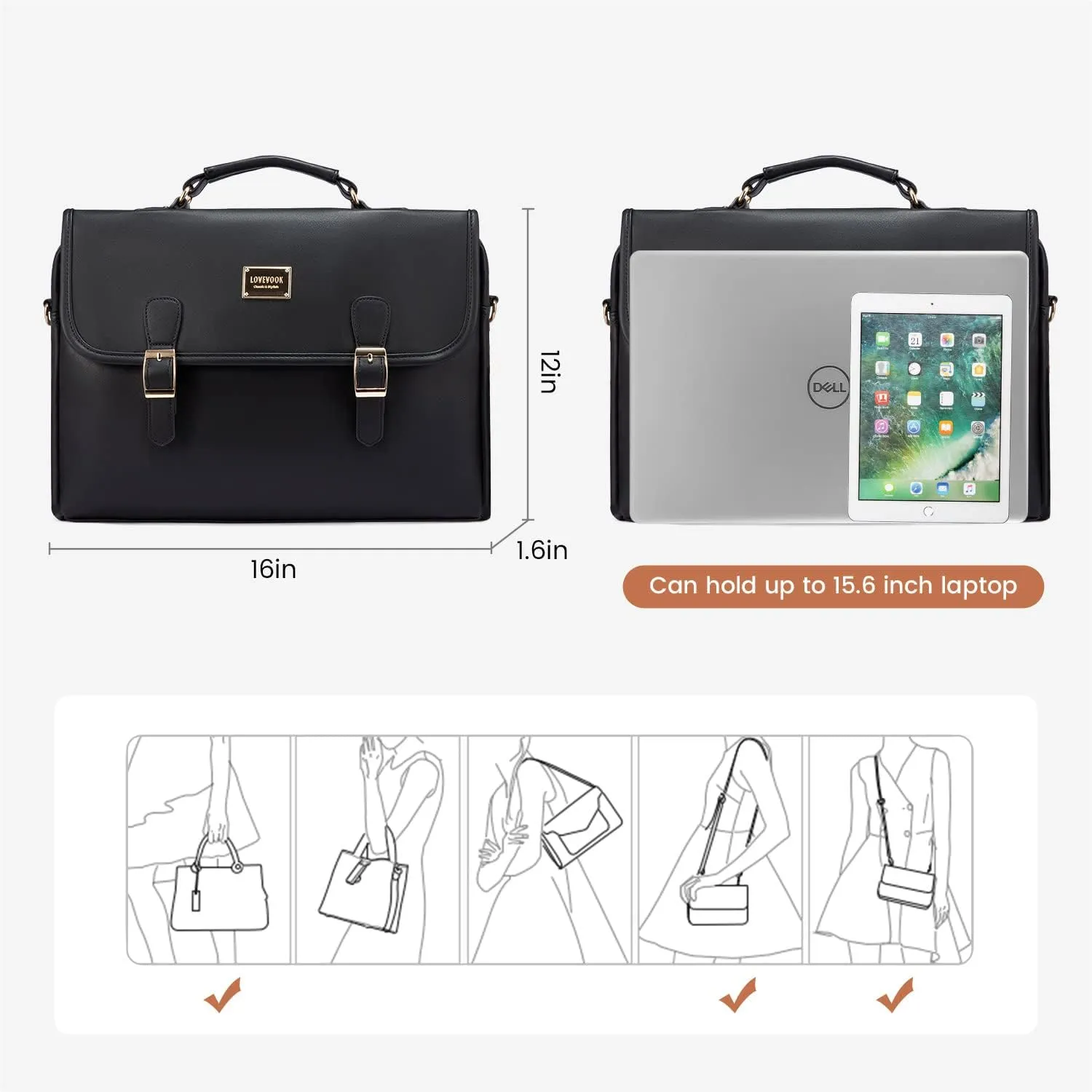 LOVEVOOK Computer Bag Laptop Bag for Women Cute PU Laptop Messenger Bag for Work College,Black