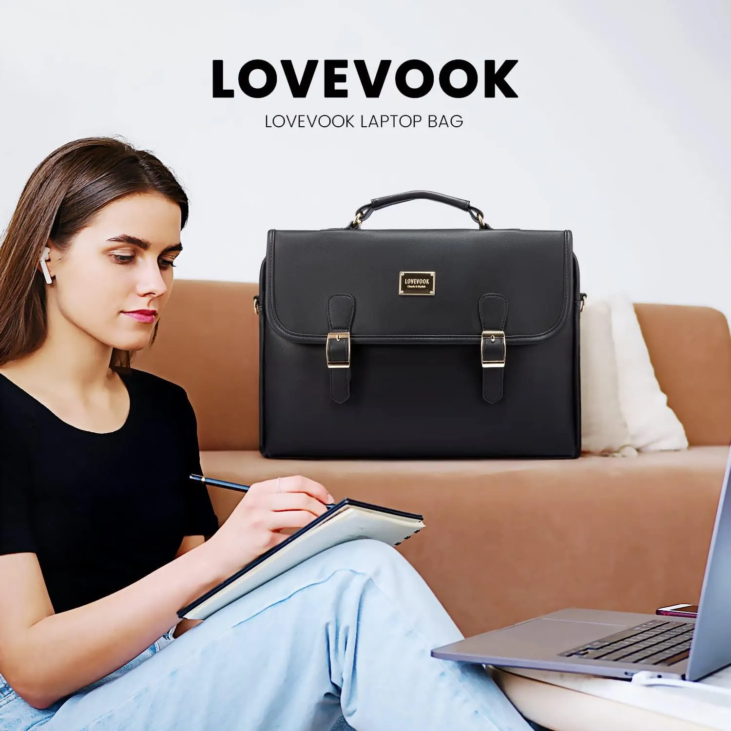 LOVEVOOK Computer Bag Laptop Bag for Women Cute PU Laptop Messenger Bag for Work College,Black