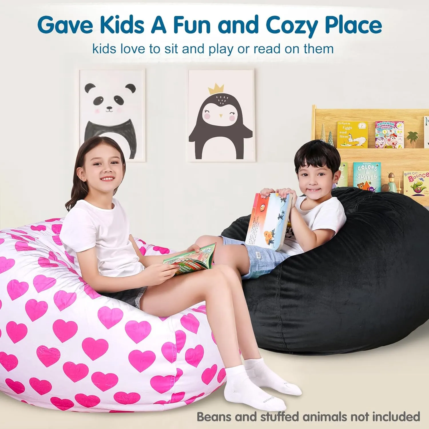 Lukeight Stuffed Animal Storage Bean Bag Chair Cover (No Filling) for Kids, Zipper Beanbag Chair Cover for Organizing Toddler and Kids' Rooms Plush Toys (Black, X-Large)