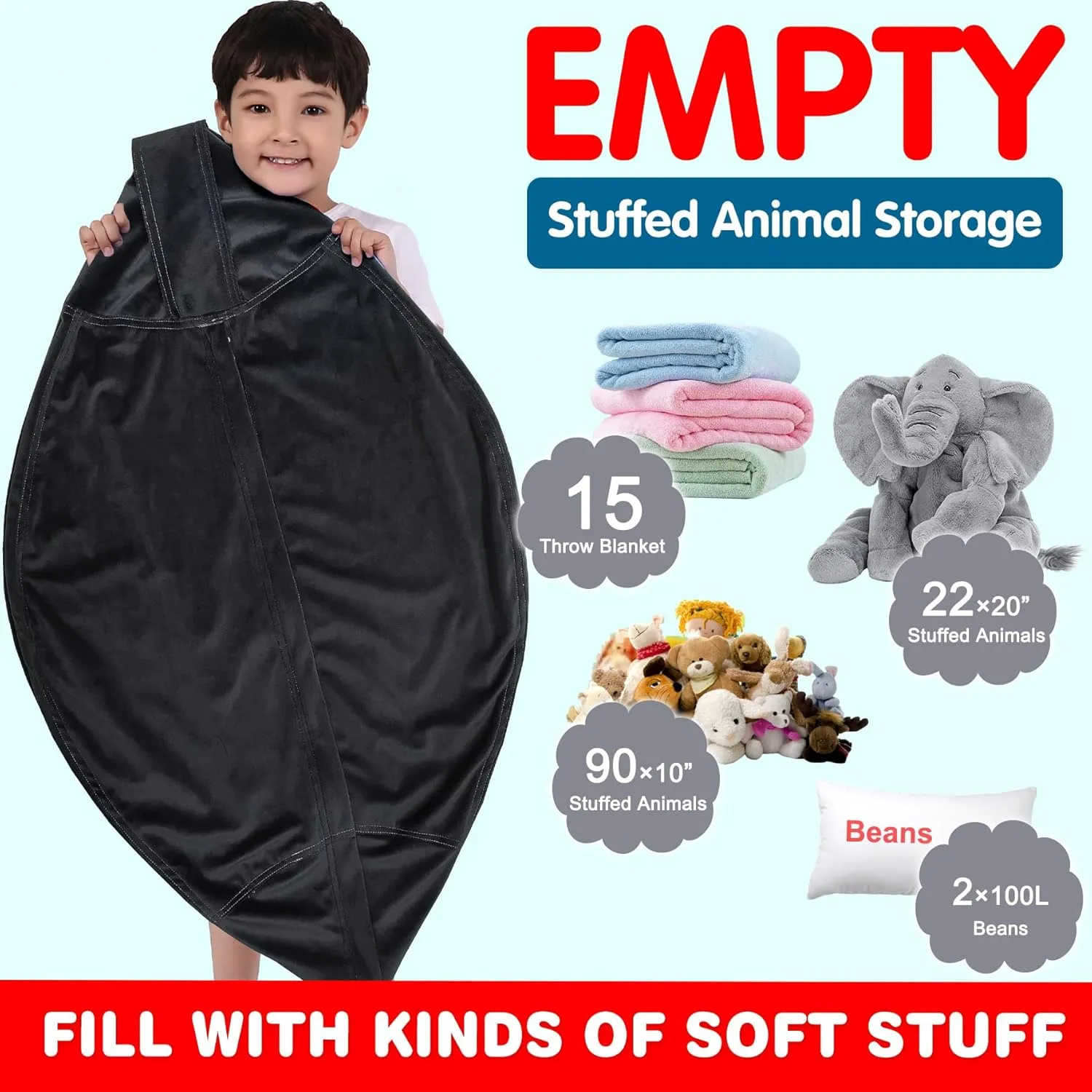 Lukeight Stuffed Animal Storage Bean Bag Chair Cover (No Filling) for Kids, Zipper Beanbag Chair Cover for Organizing Toddler and Kids' Rooms Plush Toys (Black, X-Large)