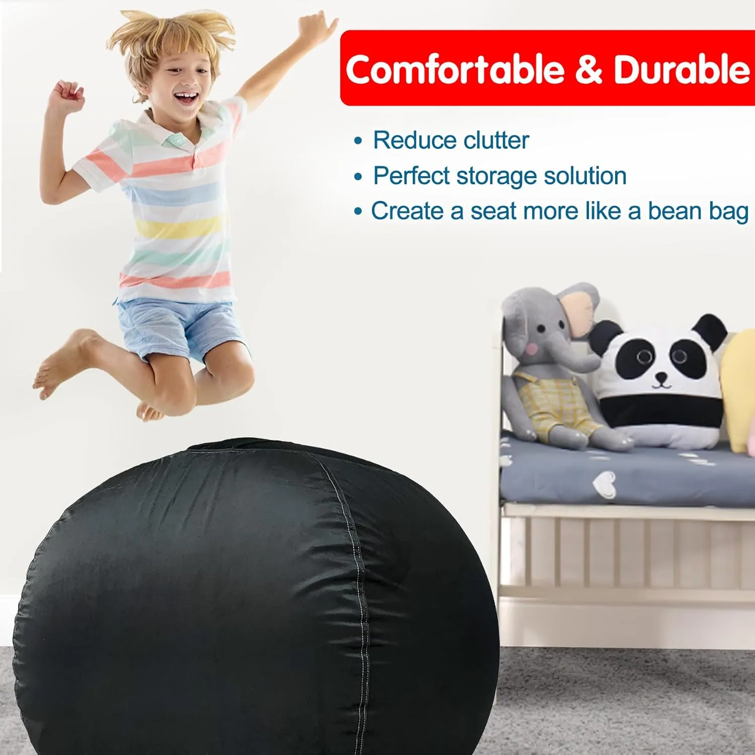 Lukeight Stuffed Animal Storage Bean Bag Chair Cover (No Filling) for Kids, Zipper Beanbag Chair Cover for Organizing Toddler and Kids' Rooms Plush Toys (Black, XX-Large)
