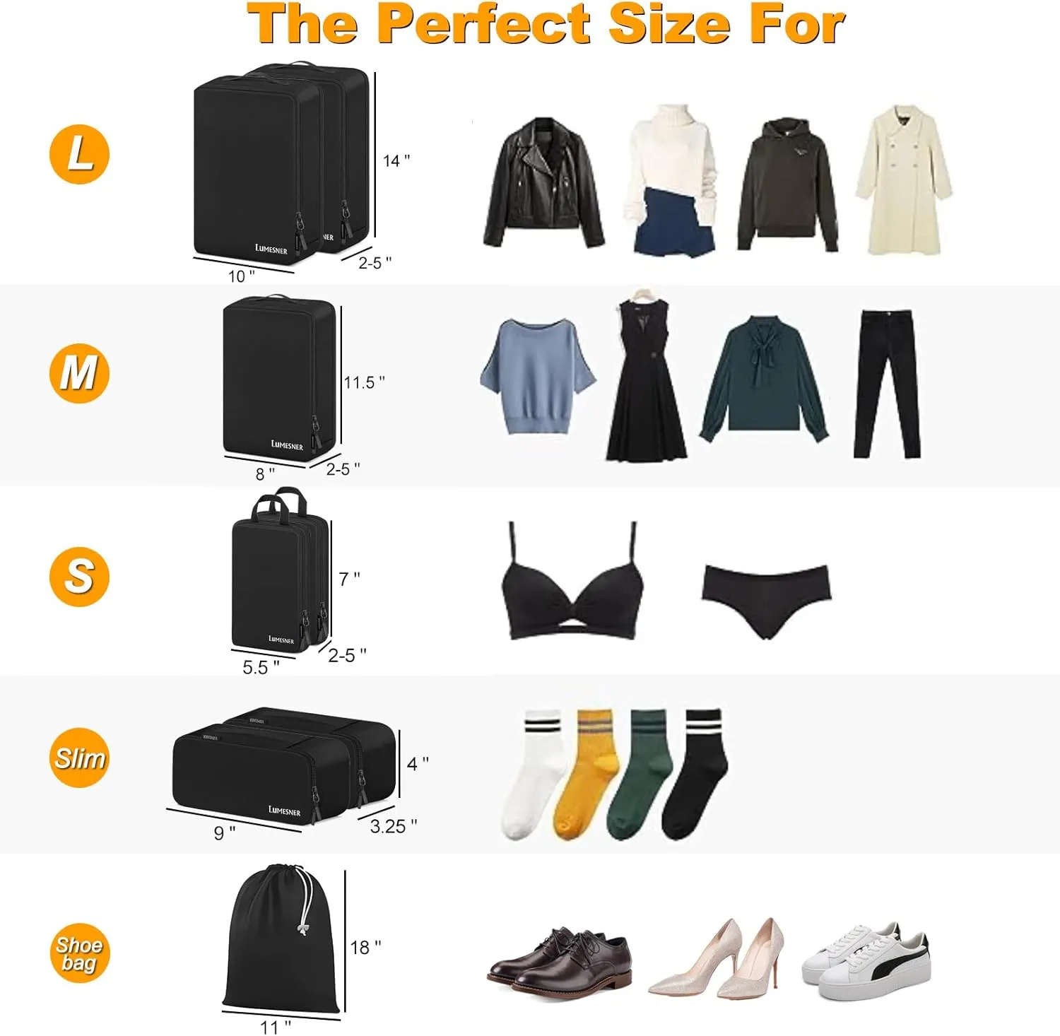 Lumesner Compression Packing Cubes, 8 Set Travel Packing Cubes for Carry on Suitcases, Compression Suitcase Organizers Bag Set & Travel Cubes (8pc -Dark Black)