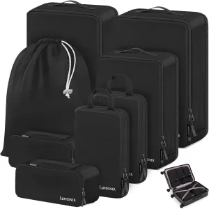 Lumesner Compression Packing Cubes, 8 Set Travel Packing Cubes for Carry on Suitcases, Compression Suitcase Organizers Bag Set & Travel Cubes (8pc -Dark Black)