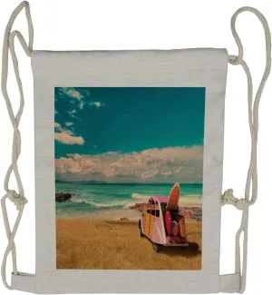 Lunarable Beach Drawstring Backpack, Hippie Car by the Shoreline, Sackpack Bag