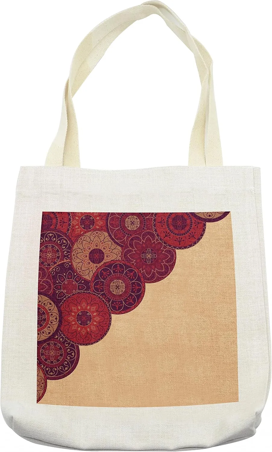 Lunarable Burgundy Tote Bag, Framework Design with Traditional Mandala Motifs Abstract Flowers, Cloth Linen Reusable Bag for Shopping Books Beach and More, 16.5" X 14", Cream