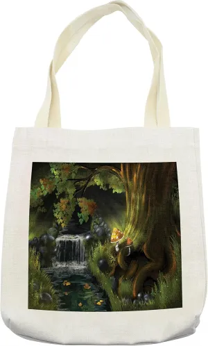 Lunarable Fantasy Tote Bag, Imaginary Waterfall in the Forest at Night Mushroom Dark Secret Nature Print, Cloth Linen Reusable Bag for Shopping Books Beach and More, 16.5" X 14", Cream