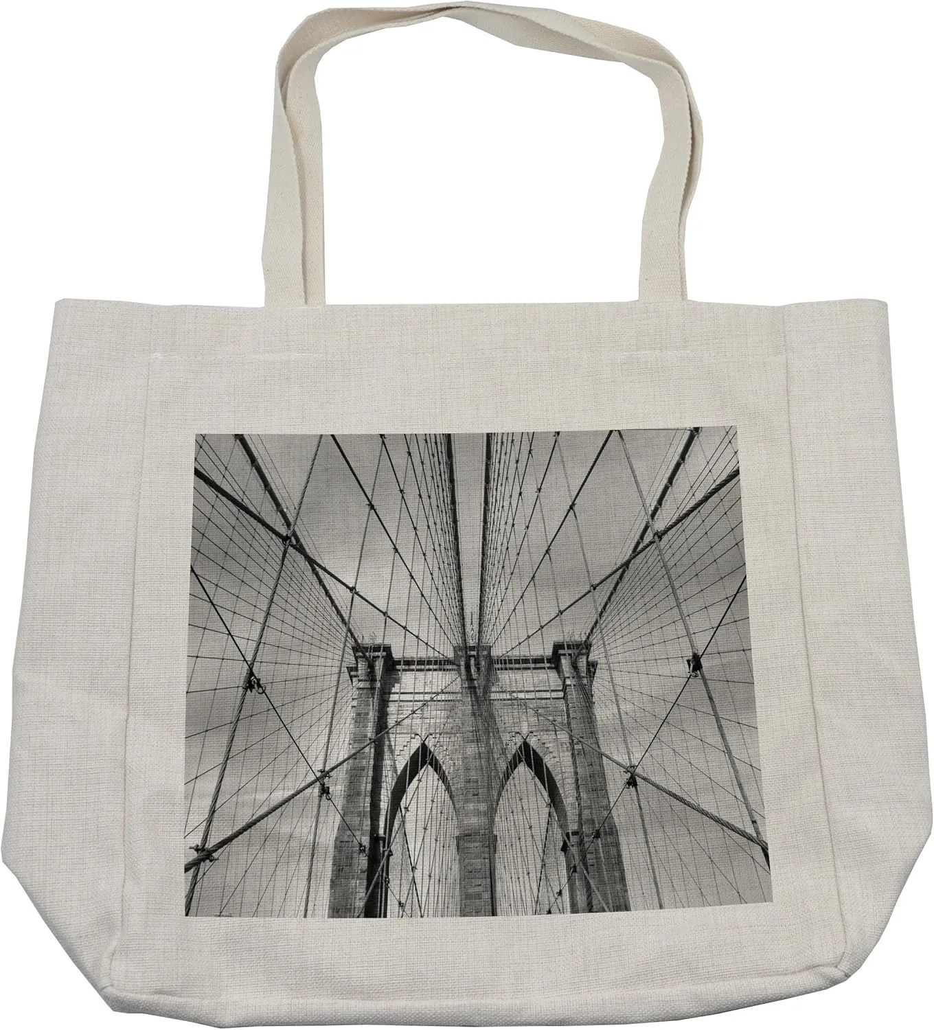 Lunarable Landscape Shopping Bag, Usa New York Brooklyn Bridge Cityscape Scenery Photo Print, Eco-Friendly Reusable Bag for Groceries Beach and More, 15.5" X 14.5", Charcoal Grey