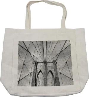Lunarable Landscape Shopping Bag, Usa New York Brooklyn Bridge Cityscape Scenery Photo Print, Eco-Friendly Reusable Bag for Groceries Beach and More, 15.5" X 14.5", Charcoal Grey