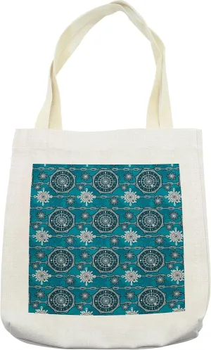 Lunarable Nautical Tote Bag, Compass Design with Wind Rose Knotted Directions North South East West Marine, Cloth Linen Reusable Bag for Shopping Books Beach and More, 16.5" X 14", Blue White