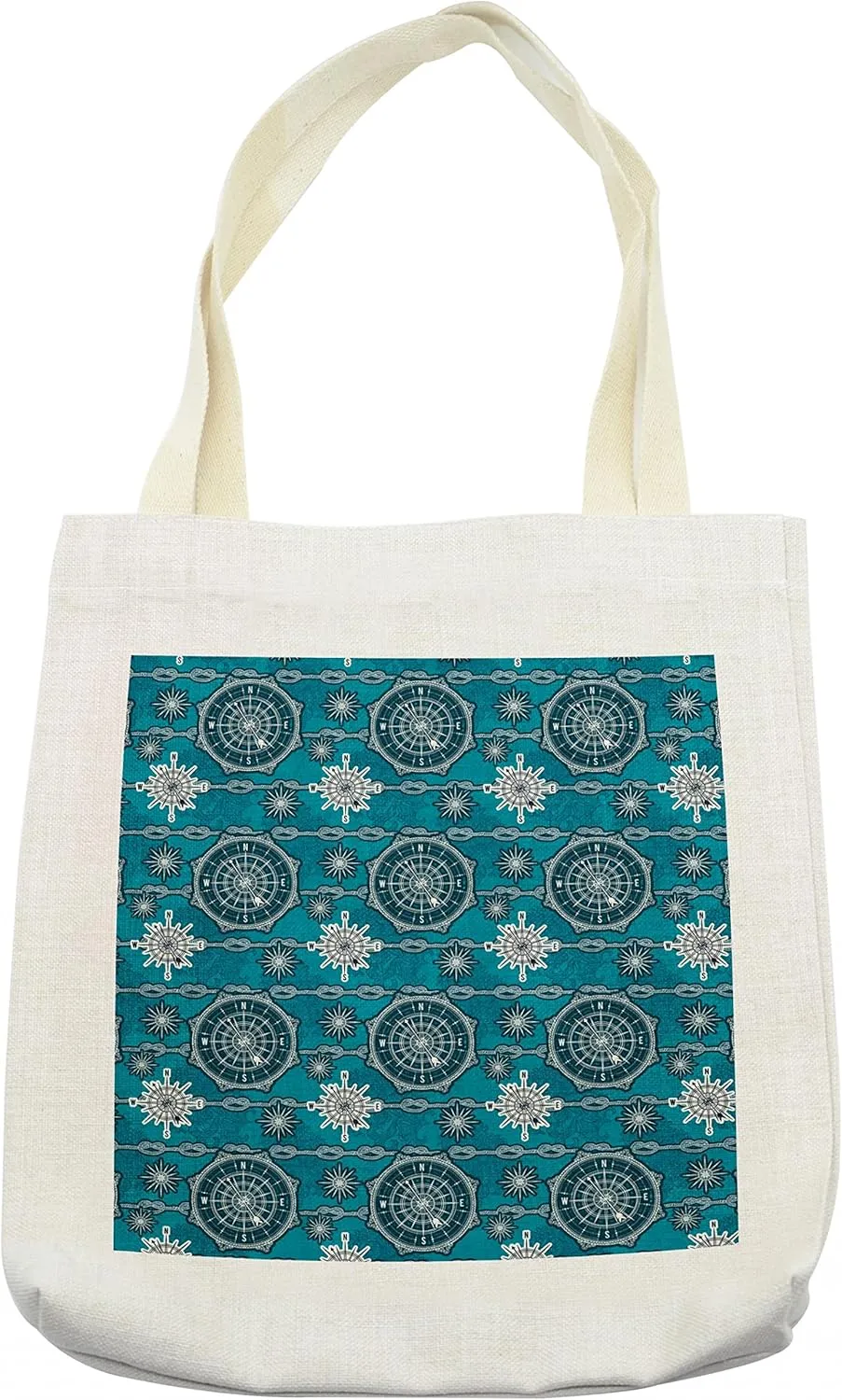 Lunarable Nautical Tote Bag, Compass Design with Wind Rose Knotted Directions North South East West Marine, Cloth Linen Reusable Bag for Shopping Books Beach and More, 16.5" X 14", Blue White
