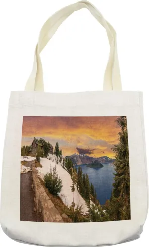 Lunarable Oregon Tote Bag, Historic Crater Lake Nature Photography in Winter Season National Park United States, Cloth Linen Reusable Bag for Shopping Books Beach and More, 16.5" X 14", Cream