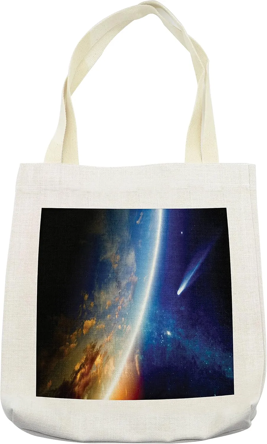 Lunarable Outer Space Tote Bag, Comet Approaches Planet Earth Nebula and Stars in Space Picture, Cloth Linen Reusable Bag for Shopping Books Beach and More, 16.5" X 14", Cream