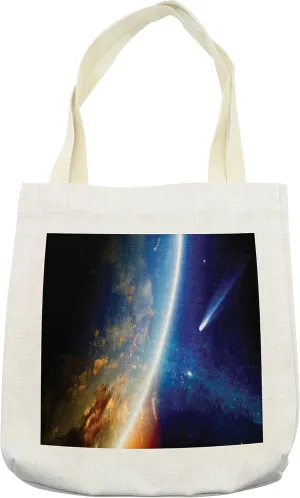Lunarable Outer Space Tote Bag, Comet Approaches Planet Earth Nebula and Stars in Space Picture, Cloth Linen Reusable Bag for Shopping Books Beach and More, 16.5" X 14", Cream