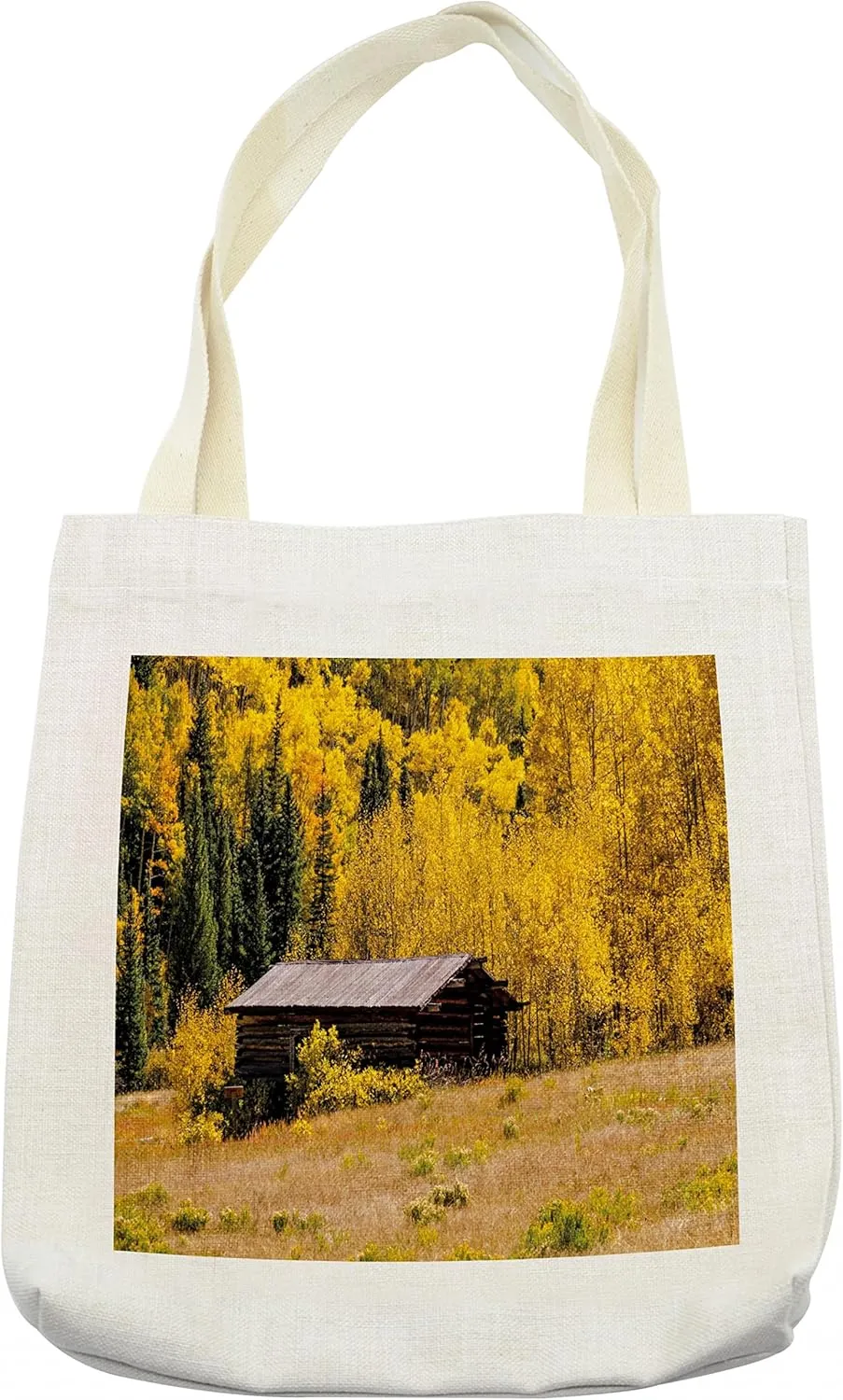 Lunarable Rustic Tote Bag, Hut and Forest with Shedding Faded Leaf Autumn Fall Tree Meadow Provincial Picture, Cloth Linen Reusable Bag for Shopping Books Beach and More, 16.5" X 14", Cream