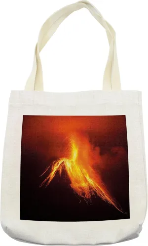 Lunarable Volcano Tote Bag, Tungurahua Volcano in Ecuador Exploding at Night Nature and Geology, Cloth Linen Reusable Bag for Shopping Books Beach and More, 16.5" X 14", Cream