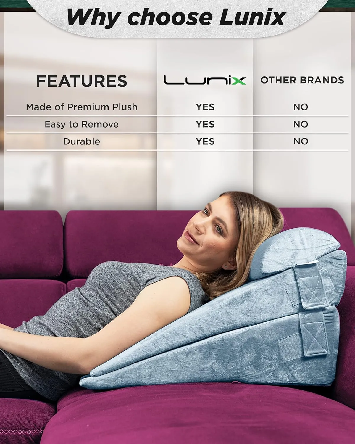 Lunix Replacement Cover for LX8 2 Layers Wedge Pillow Set, Foam not Included - Gray