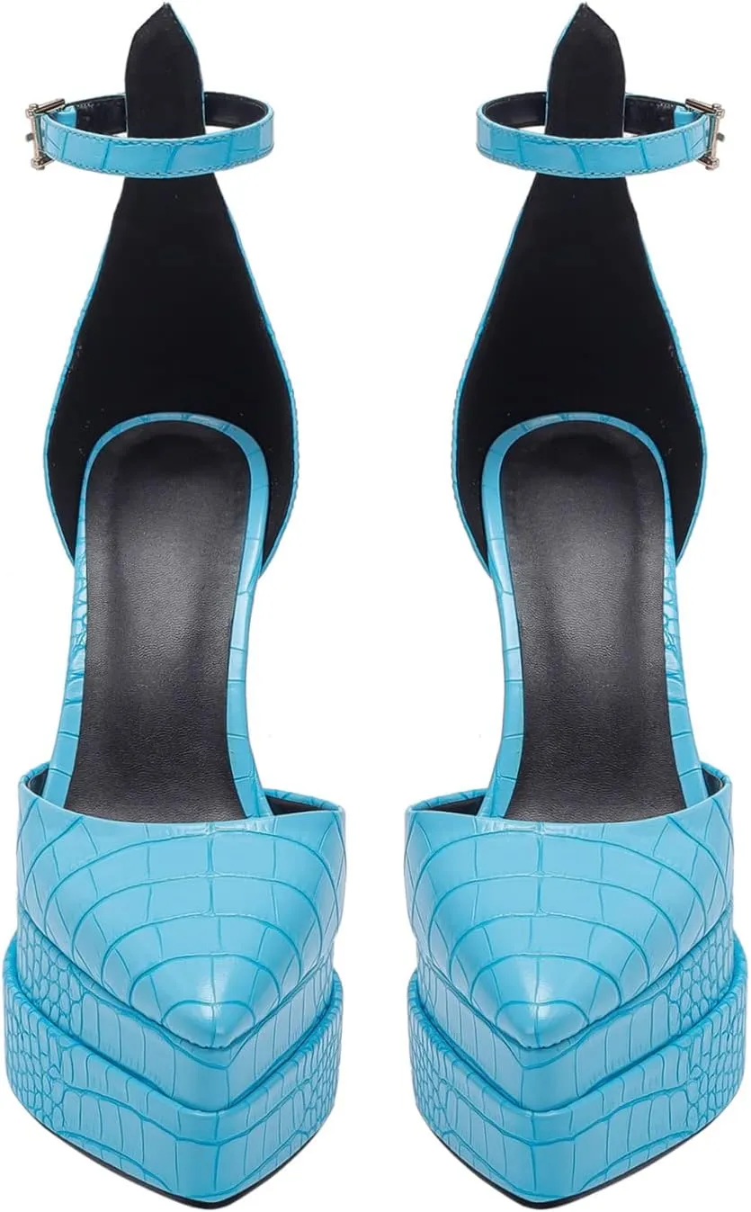 Lutalica W Trendy Women's Pointed Toe Sexy Crocodile Pattern Triple Platform Extreme High Block Heel Ankle Strap Pumps