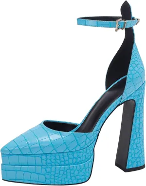 Lutalica W Trendy Women's Pointed Toe Sexy Crocodile Pattern Triple Platform Extreme High Block Heel Ankle Strap Pumps