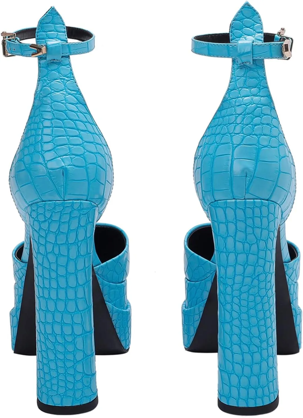 Lutalica W Trendy Women's Pointed Toe Sexy Crocodile Pattern Triple Platform Extreme High Block Heel Ankle Strap Pumps