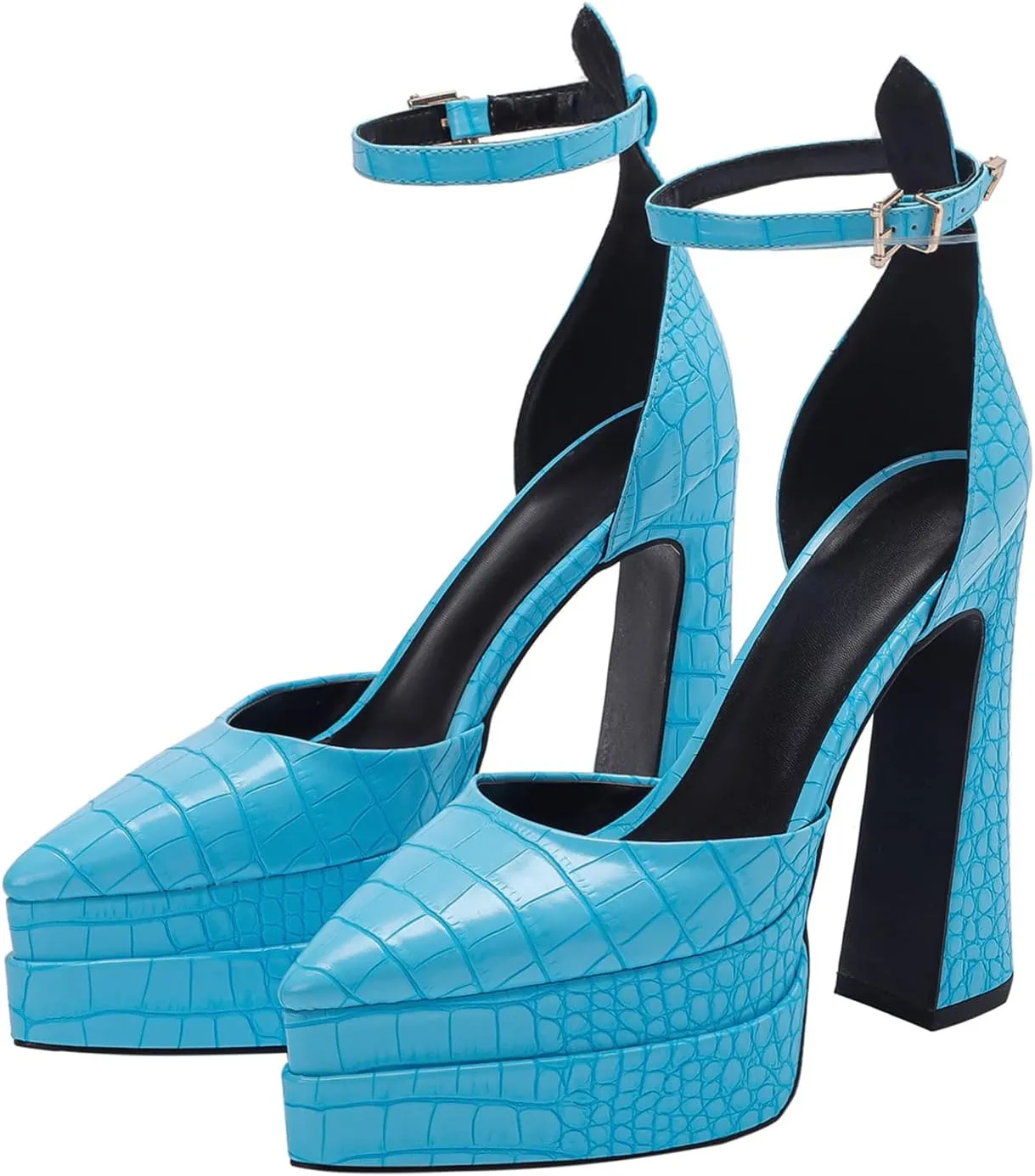 Lutalica W Trendy Women's Pointed Toe Sexy Crocodile Pattern Triple Platform Extreme High Block Heel Ankle Strap Pumps