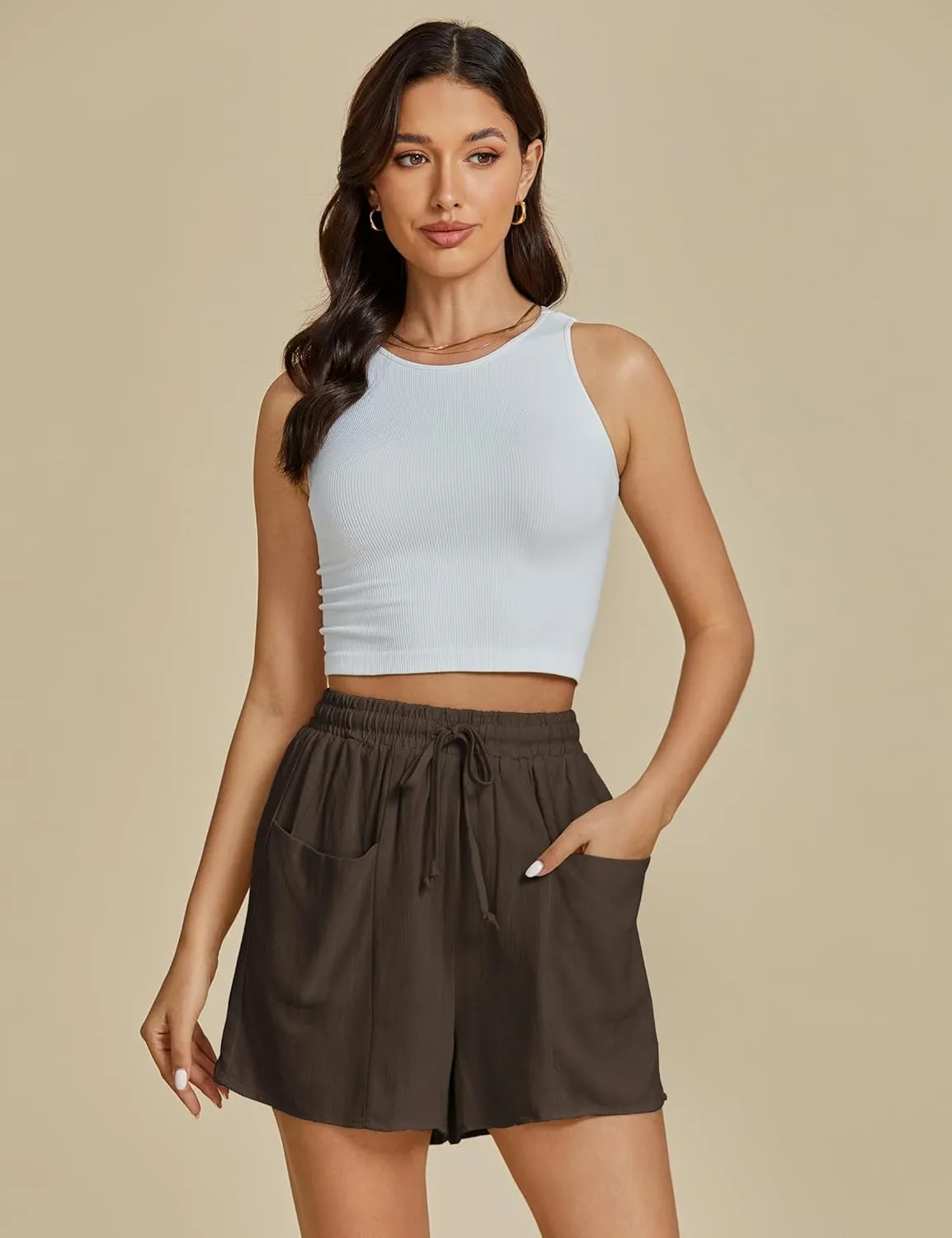 luvamia Linen Shorts for Women Trendy High Waisted Casual Summer Pull On Drawstring Beach Loost Fit Shorts with Pockets