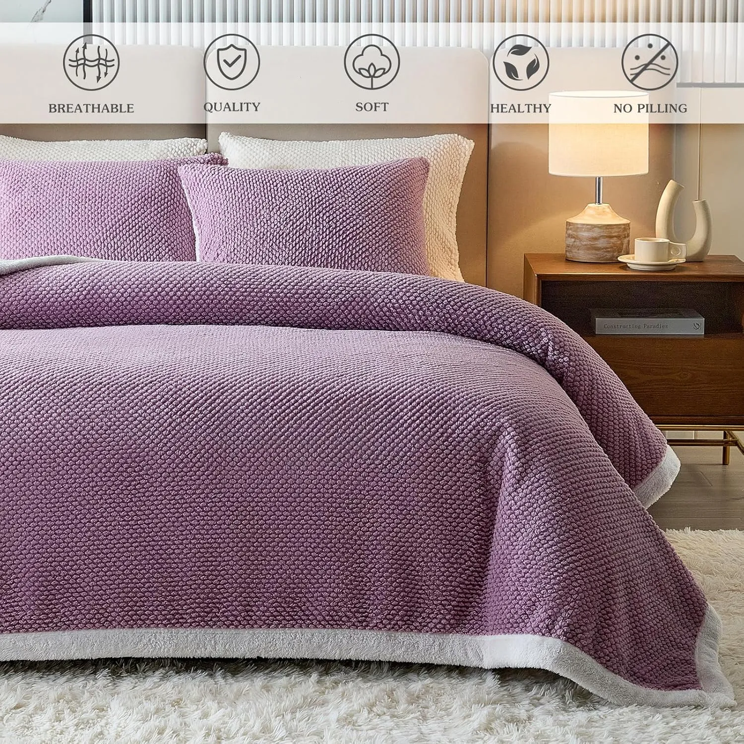 Luxury Flannel Fleece Sherpa Blankets Queen Size for Bed, Jacquard Boho 3-Layer Thick and Warm Blanket for Winter, Soft Cozy Fuzzy Plush Velvet Blanket with 2 Pillow Cases, Purple, 88x88 Inches