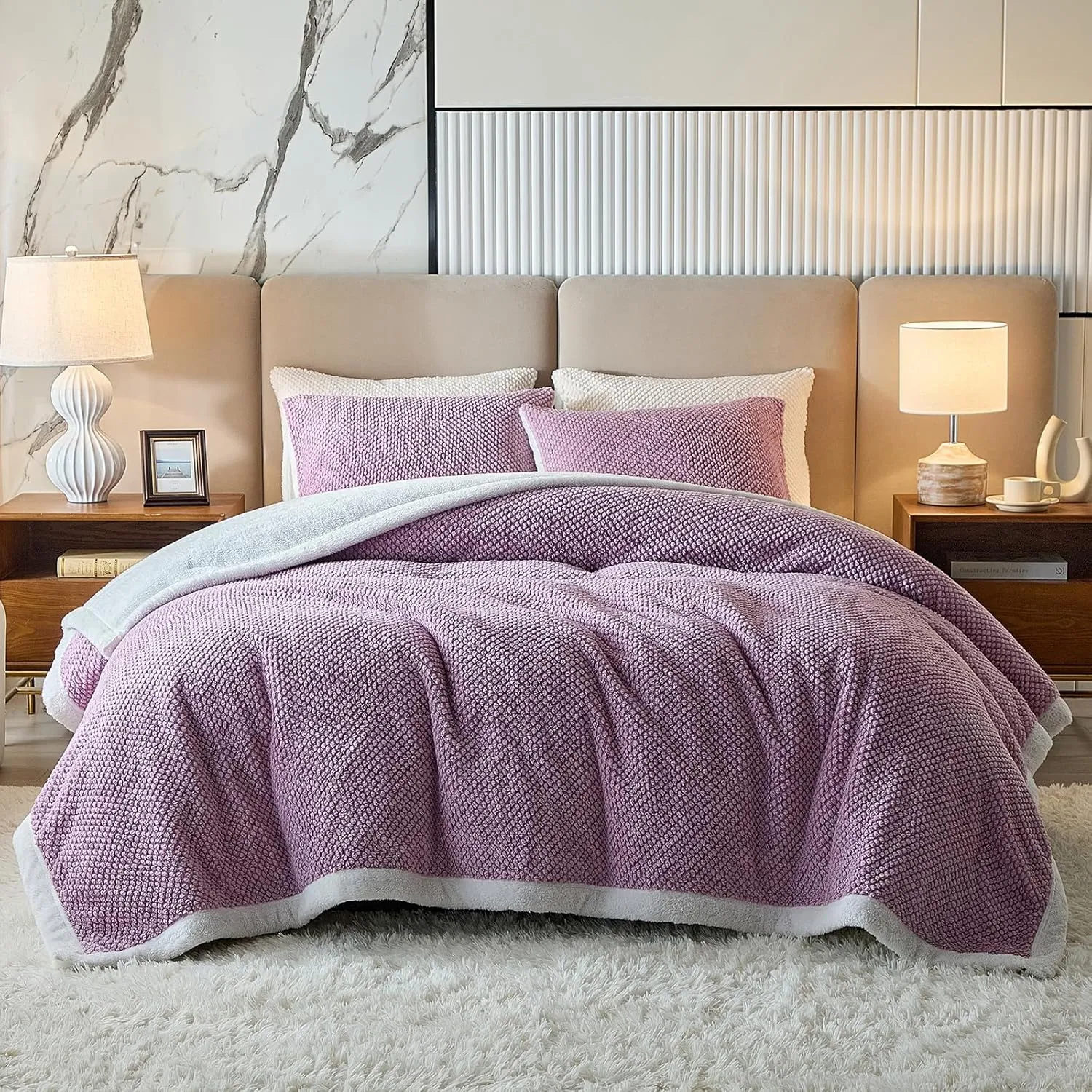 Luxury Flannel Fleece Sherpa Blankets Queen Size for Bed, Jacquard Boho 3-Layer Thick and Warm Blanket for Winter, Soft Cozy Fuzzy Plush Velvet Blanket with 2 Pillow Cases, Purple, 88x88 Inches