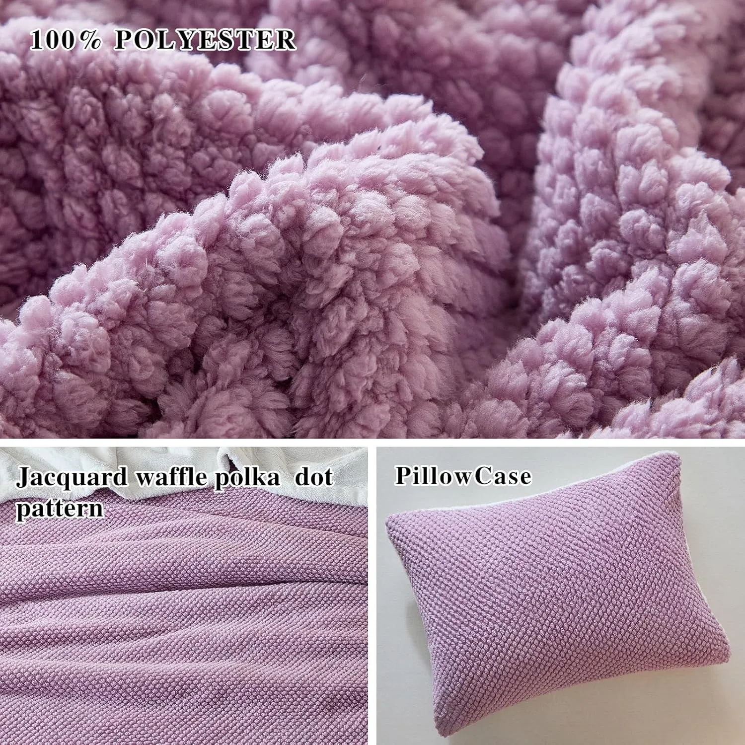 Luxury Flannel Fleece Sherpa Blankets Queen Size for Bed, Jacquard Boho 3-Layer Thick and Warm Blanket for Winter, Soft Cozy Fuzzy Plush Velvet Blanket with 2 Pillow Cases, Purple, 88x88 Inches