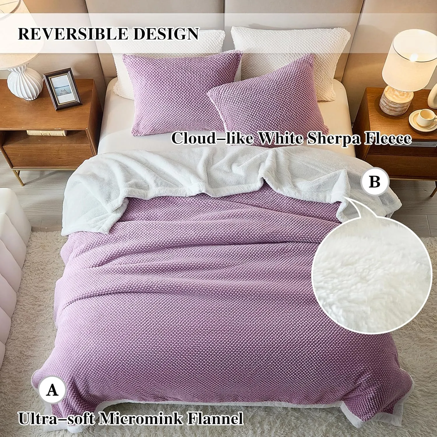 Luxury Flannel Fleece Sherpa Blankets Queen Size for Bed, Jacquard Boho 3-Layer Thick and Warm Blanket for Winter, Soft Cozy Fuzzy Plush Velvet Blanket with 2 Pillow Cases, Purple, 88x88 Inches