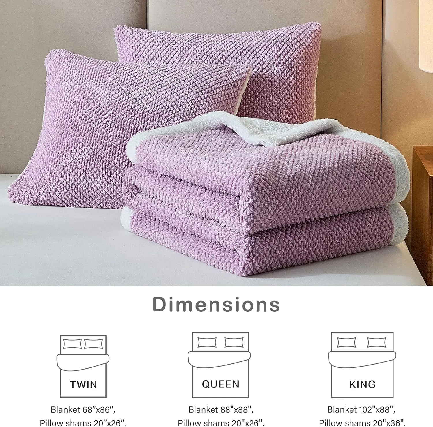 Luxury Flannel Fleece Sherpa Blankets Queen Size for Bed, Jacquard Boho 3-Layer Thick and Warm Blanket for Winter, Soft Cozy Fuzzy Plush Velvet Blanket with 2 Pillow Cases, Purple, 88x88 Inches