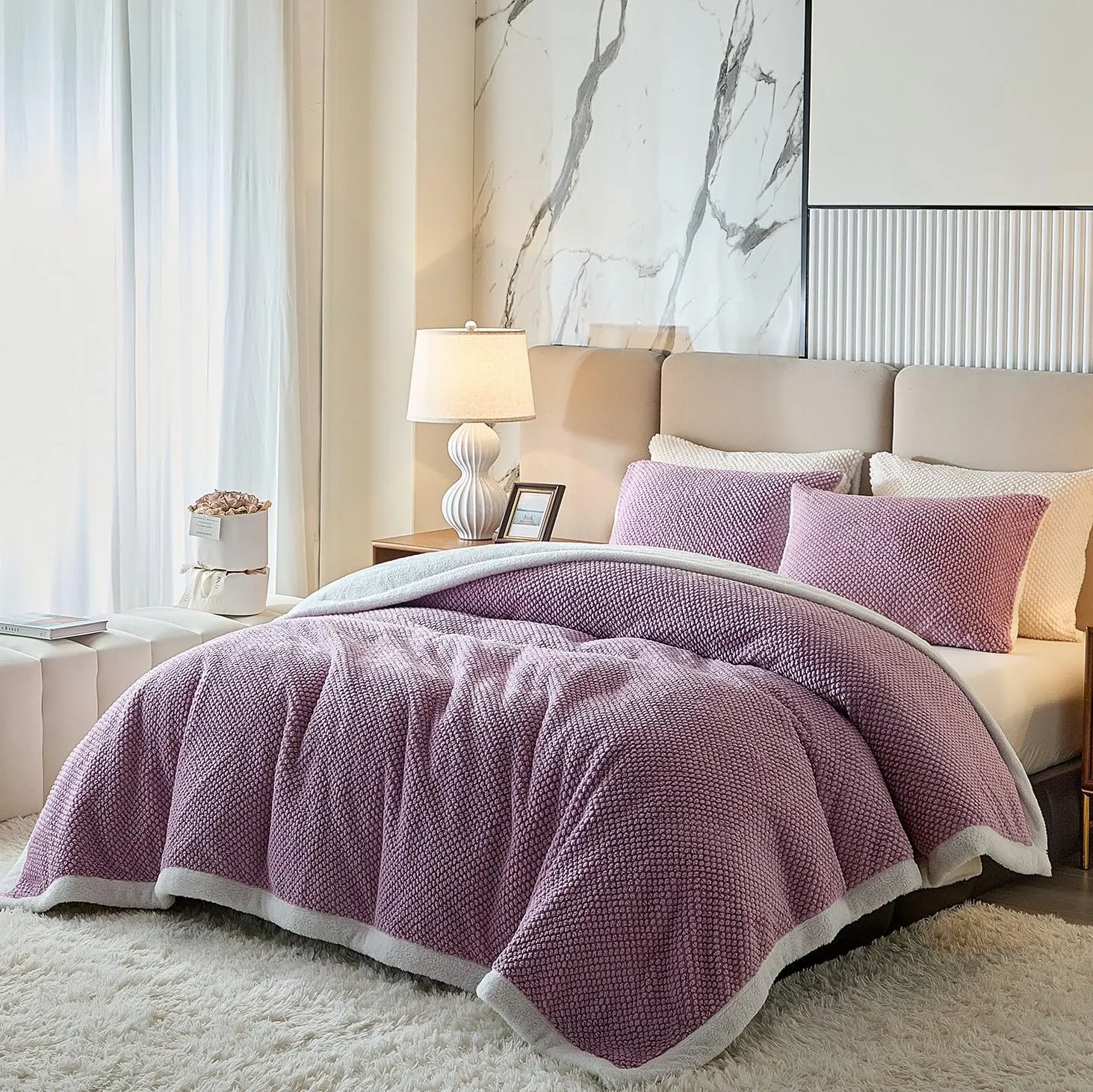 Luxury Flannel Fleece Sherpa Blankets Queen Size for Bed, Jacquard Boho 3-Layer Thick and Warm Blanket for Winter, Soft Cozy Fuzzy Plush Velvet Blanket with 2 Pillow Cases, Purple, 88x88 Inches