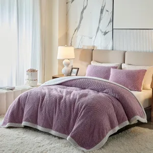 Luxury Flannel Fleece Sherpa Blankets Queen Size for Bed, Jacquard Boho 3-Layer Thick and Warm Blanket for Winter, Soft Cozy Fuzzy Plush Velvet Blanket with 2 Pillow Cases, Purple, 88x88 Inches