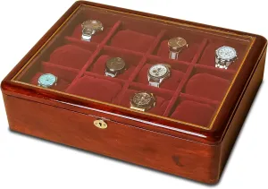 Luxury Wooden Watch Box for Men – 12 Slot Display Case Organizer with Glass Top, Lockable Jewelry Storage for Watches