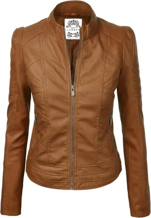 Made By Johnny MBJ Womens Faux Leather Zip Up Moto Biker Jacket with Stitching Detail