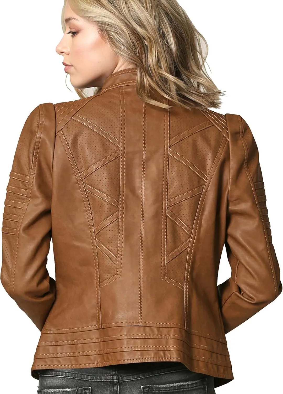 Made By Johnny MBJ Womens Faux Leather Zip Up Moto Biker Jacket with Stitching Detail