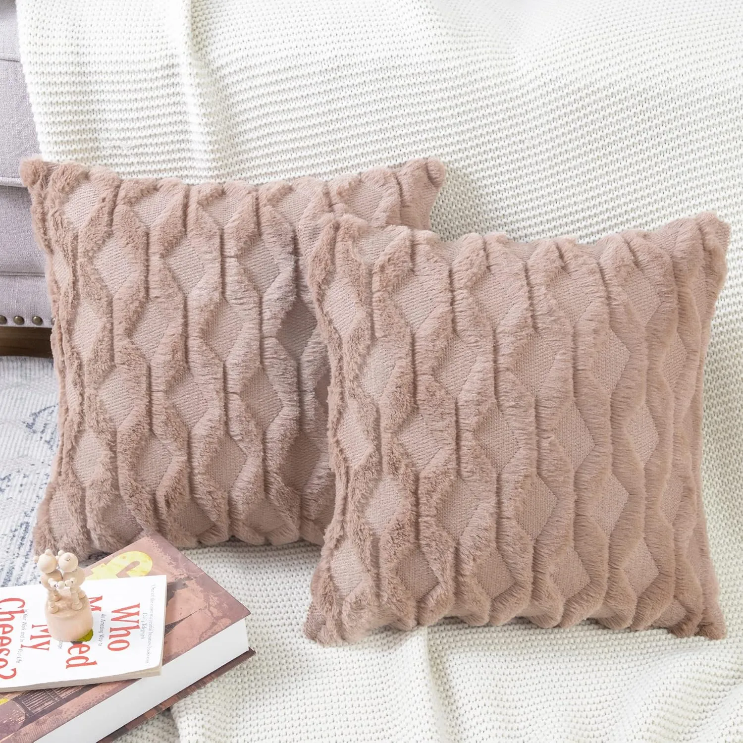 MADIZZ Set of 2 Soft Plush Short Wool Velvet Decorative Throw Pillow Covers 20x20 inch Light Brown Square Luxury Style Cushion Cases Pillow Shell for Sofa Bedroom