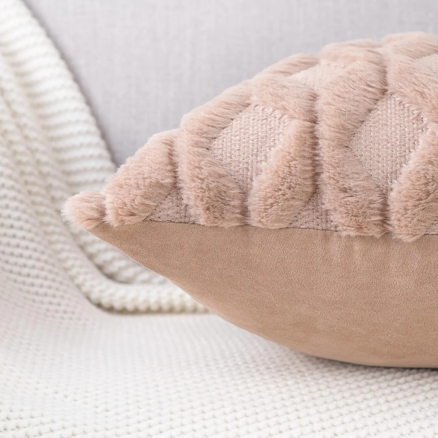 MADIZZ Set of 2 Soft Plush Short Wool Velvet Decorative Throw Pillow Covers 20x20 inch Light Brown Square Luxury Style Cushion Cases Pillow Shell for Sofa Bedroom